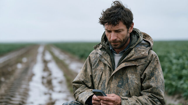 Harvest optimization agronomist kneeling in rain-soaked soybean field examining pod fill stage, muddy waterproof jacket, portable Brix refractometer in hand, overcast sky pressing low, tractor tire 