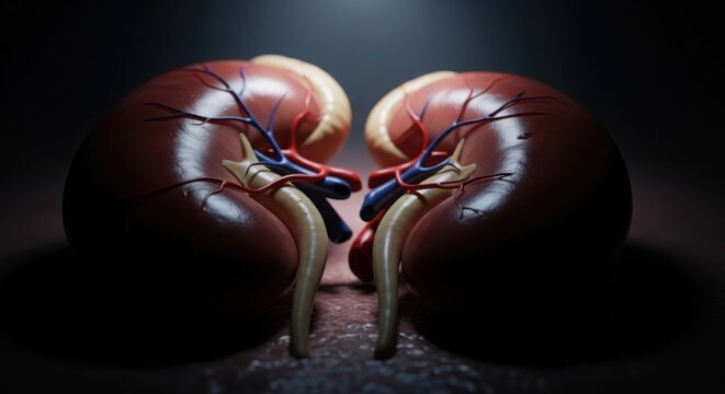 Human kidneys with blood vessels and ureters illustration