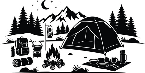 Camping tent with campfire and equipment in mountains under night sky, for outdoor adventure nature design © Sanjina