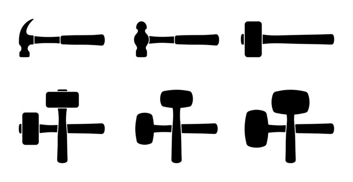 Hammer Icons Set, Black Silhouette Tools Collection, Carpentry and Construction Equipment Vector Graphics, DIY and Repair Symbols
