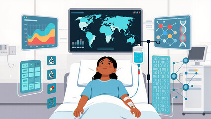 Naklejka premium Child Patient in Hospital Bed with AI Medical Technology and Data Monitoring