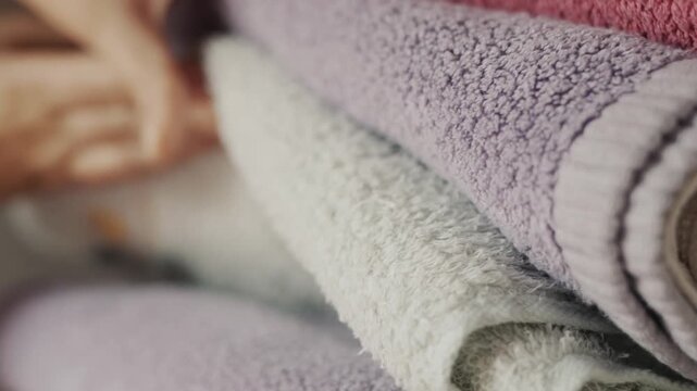A close-up view of a persons hand tidying up a stack of colorful, soft, folded cotton bath towels on a shelf.