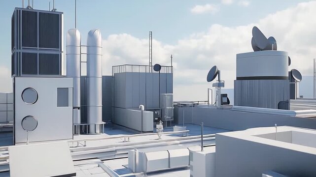 Modern urban rooftop featuring a comprehensive array of hvac units, ventilation systems, satellite dishes, and communication antennas under a clear sky, symbolizing city infrastructure