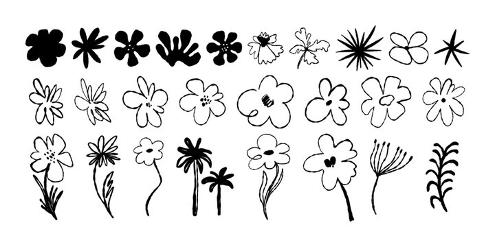 Vector naive hand drawn illustration with organic garden, farm produce, flowers and plants, rustic eco friendly sketch style for packaging, posters, banners, branding and print design