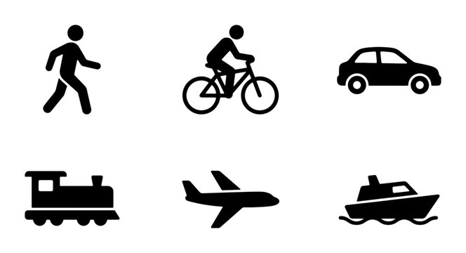 Transportation Icons Set: Walking, Cycling, Car, Train, Airplane, Boat, Vector Graphics for Mobility and Travel Concepts