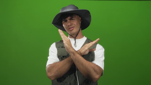 Man young explorer in widebrim hat and vest crosses forearms in x stop gesture against green screen studio backdrop, eyes squinting in refusal; defiance.