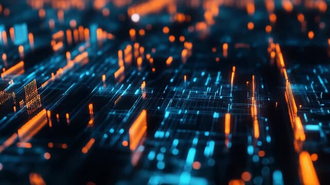 Digital data streams and glowing lines weave across a circuit board matrix, symbolizing ai, network connectivity, cybersecurity, big data processing and futuristic computing systems