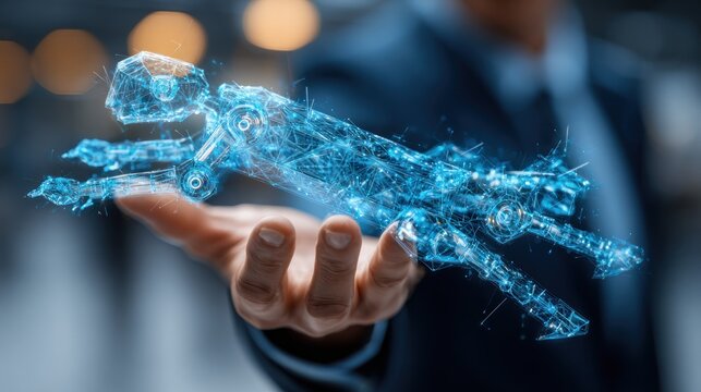 Professional holding a glowing digital projection of an articulated robotic mechanism above the palm
