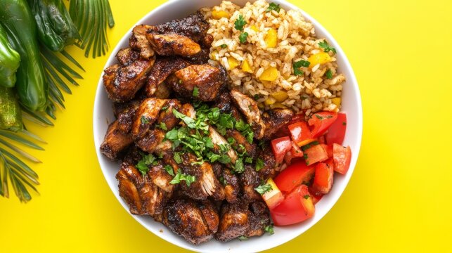 Delicious jerk chicken bowl with rice, tomatoes, and cilantro.