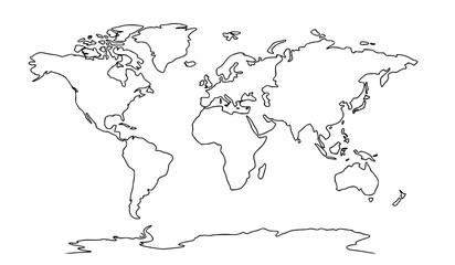 Minimal Freehand World Map Outline Vector in Thin Line Sketch Style © Bablu
