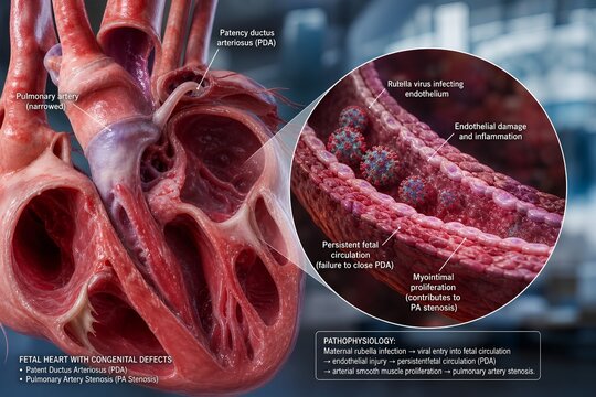Medical illustration of a fetal heart showing congenital heart defects caused by rubella virus infection during pregnancy, representing congenital rubella syndrome