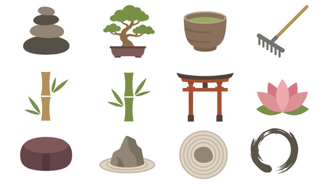 Set of twelve colorful icons representing Japanese zen culture, meditation, and traditional elements.