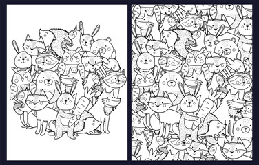 Fototapeta premium Coloring pages set with cute doodle woodland animals, circle mandala and pattern in US Letter format. Black and white forest characters background for kids. Vector illustration
