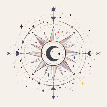 Boho Sonne mit Mondphasen und Sternen im minimalistischen Line-Art Stil