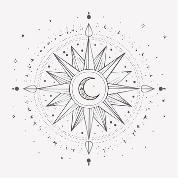 Boho Sonne mit Mondphasen und Sternen im minimalistischen Line-Art Stil