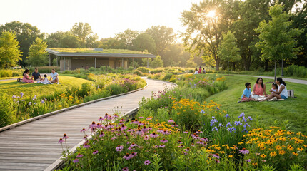 Obraz premium Wide summer park vista, landscape architecture firm's newly completed rain garden absorbing runoff, native wildflowers in bloom, timber boar 2
