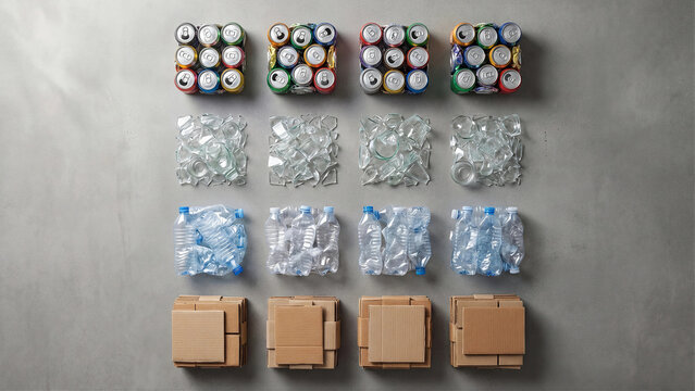 Top view of sorted recyclable waste including aluminum cans glass plastic bottles and cardboard arranged in neat rows on gray concrete background sustainable recycling concept flat layout