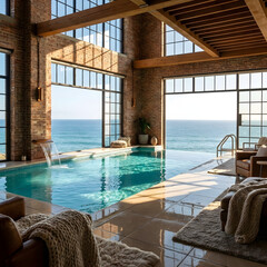 Fototapeta premium Luxury industrial loft indoor pool with ocean view. Features warm minimalism, brick walls, and leather chairs. A serene biophilic sanctuary for wellness, quiet luxury, and high-end living decor.