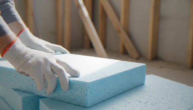 A construction worker in white protective gloves installs a blue polystyrene foam insulation board during building renovation.