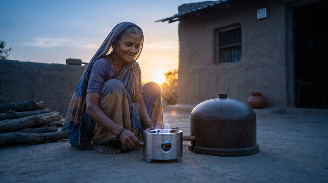 Elderly rural woman in faded sari stands beside a compact biogas digester unit outside her mud-brick home at dusk, blue flame visible throug 2