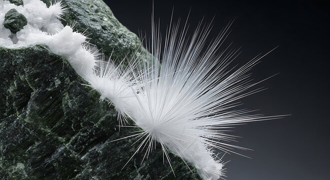 Macro View of Raw Chrysotile Asbestos Fibers on Natural Rock Showing the Hazardous Needlelike Mineral Structures That Cause Serious Health Risks and Cancer