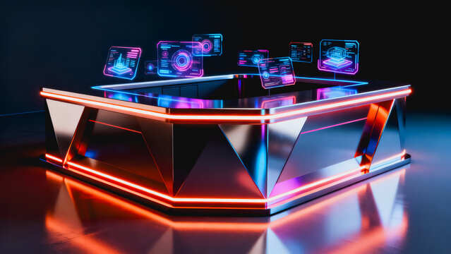 This is a futuristic command workstation with glossy metal finish, embedded neon lighting and floating holographic data display screens in a dark reflective studio space.