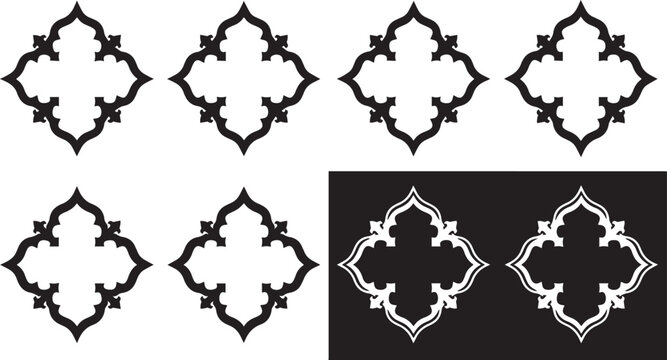 Collection of black and white Islamic quatrefoil frame silhouettes with ornate floral motifs and traditional Moroccan architectural design elements for creative projects.