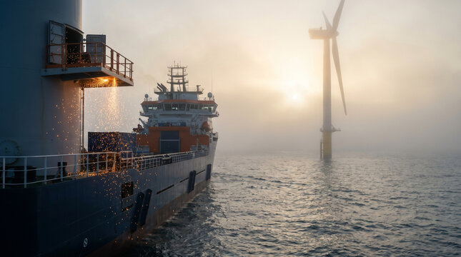 Offshore supply boat moves through fog toward a half-assembled wind turbine tower, sparks from welding visible through an open access hatch 3
