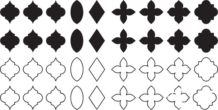 Set of Moroccan and Islamic geometric tile shapes including quatrefoil, pointed ovals, and diamond silhouettes for traditional patterns, architectural designs, and vector borders.