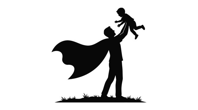 Father and son silhouette with cape playful family moment
