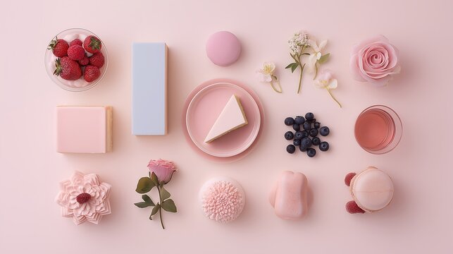 Dessert items arranged on a pink surface with fruits and flowers
