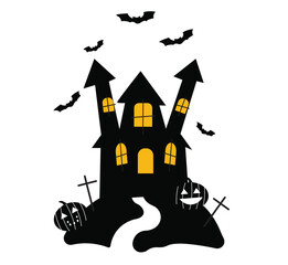 Spooky halloween night vector illustration of a haunted castle and scary house with bats silhouettes, a dark moon, and autumn trees in a cartoon horror art style