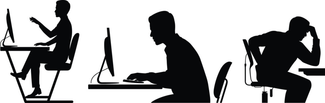 Silhouette illustration showing different computer desk postures with ergonomic awareness, highlighting upright sitting, leaning forward typing, 