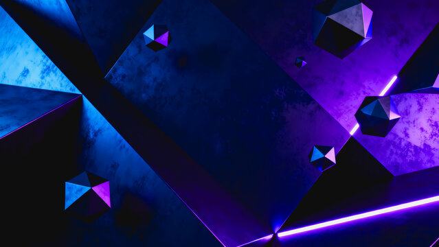 This 3D rendered abstract background features neon purple and blue lighting, angular geometric planes and floating polyhedral shapes in a dark futuristic space.