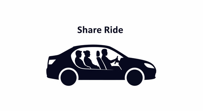 Icon of a car with driver and passengers for ride sharing service.