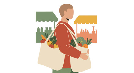 A man carrying two full reusable grocery bags filled with fresh produce. © Puput_Kinasih
