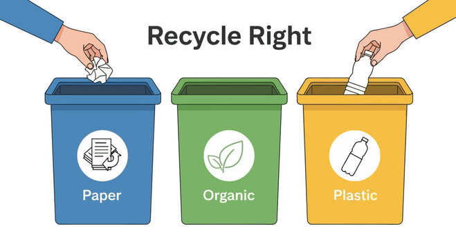People sorting waste into color coded recycling bins for environmental protection.