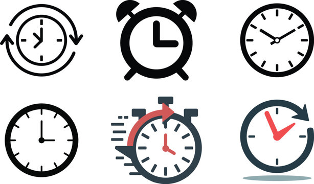 Collection of six modern clock and time management icons including alarm, stopwatch, analog faces, rotation arrows, urgency symbols, designed for scheduling, productivity, and efficiency concepts