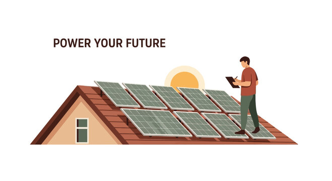 A male technician inspecting solar panels installed on a residential rooftop for green energy generation.