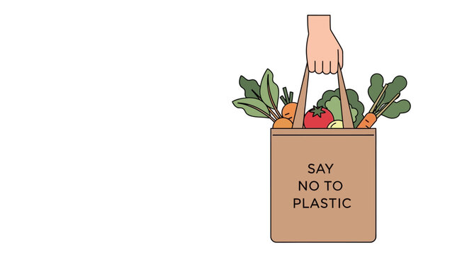 Hand holding a reusable brown paper grocery bag filled with fresh vegetables.