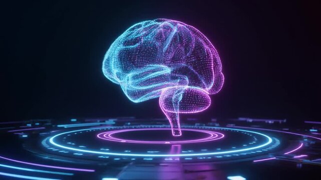 A futuristic digital brain glows with neural network connections and ai technology in a dark virtual environment with digital intelligence and innovation.