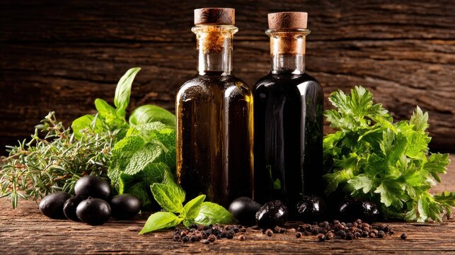 Two cork-stoppered glass bottles flank fresh herbs and dark ripe fruit resting on rustic wood