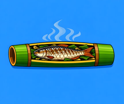Grilled kelah fish in bamboo traditional Malaysian indigenous native food mahseer illustration