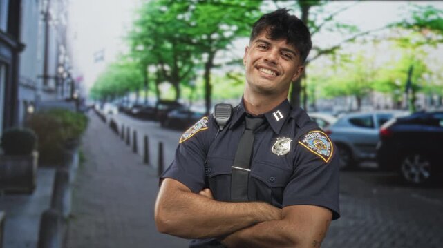 Man police officer arms crossed with visible badge, wearing radio mic and tie on street, slight smile and relaxed posture; confidence duty.