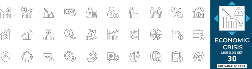 Economic crisis line icon set featuring recession, inflation, finance, bankruptcy, crash, depression, market. Professional editable vector illustration for financial dashboard and UI UX design. © MdAzizar