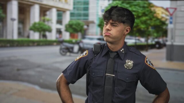 Man police officer with visible badge and hands on hips on street near building storefront; frustration duty.
