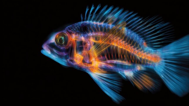 A vivid, illuminated fish showcases intricate internal structures against a dark background