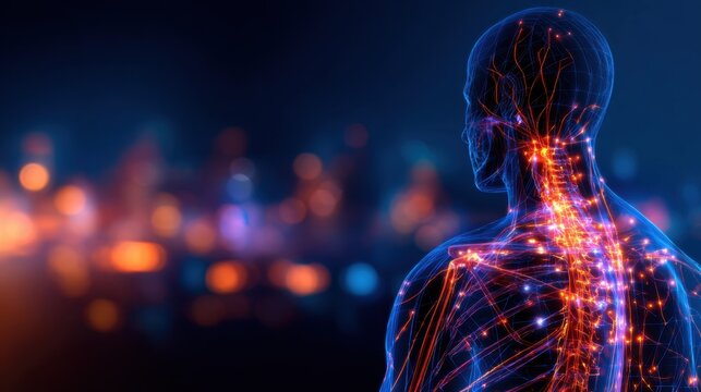 A glowing, digital representation of human anatomy highlighting nerves and bodily structures