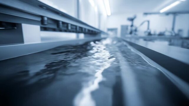 Water liquid moving along a trough in a modern industrial setting, symbolizing processes in scientific research, technology development, and environmental solutions
