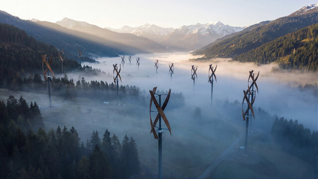 Aerial view of multiple vertical axis Darrieus wind turbines standing in misty foggy alpine mountain valley with pine forest and snow capped peaks at sunrise symbolizing innovative renewable wind ener